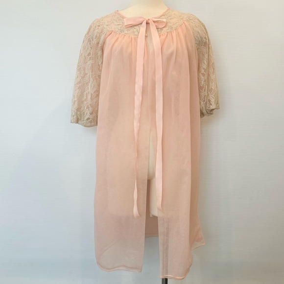Vintage 60s Sheer Chiffon Peach Ivory Lace Dressing Gown MCM Peignoir Robe🔥 - Picture 10 of 11